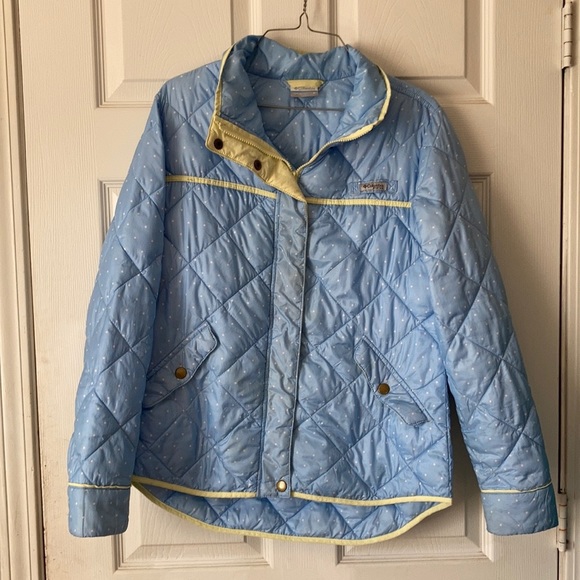 Columbia PFG light blue white polkadotted puffer zip button up skii jacket coat - Picture 1 of 16